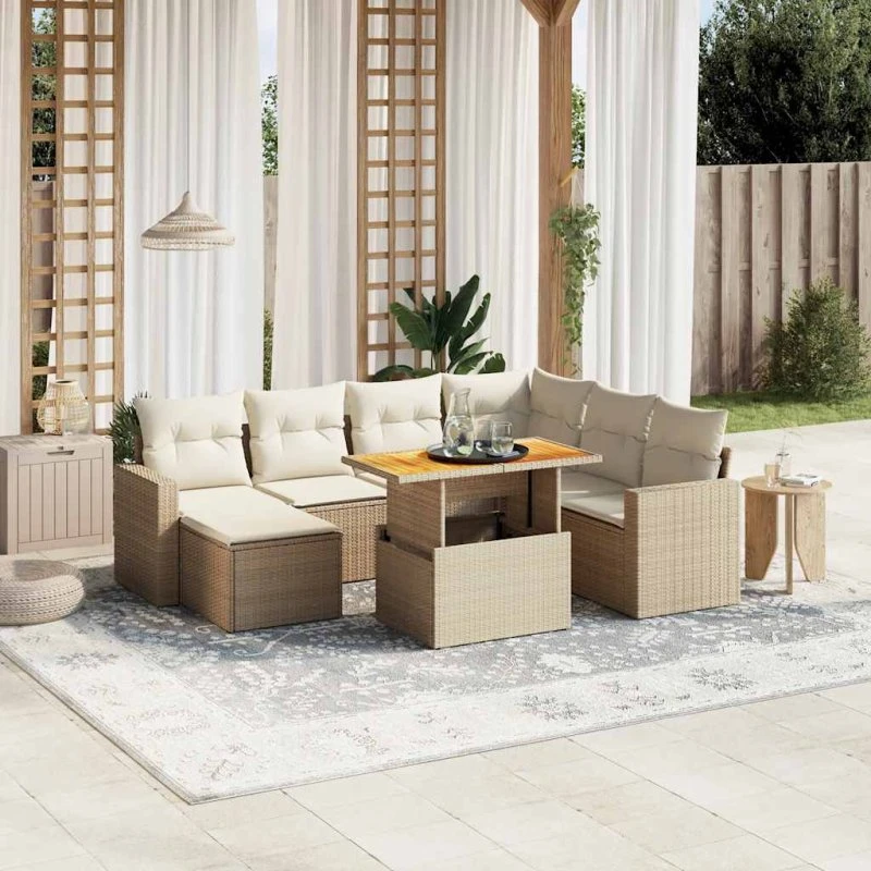 vidaXL 8-delssofasæt med polyrattan, beige, med hynder og bord