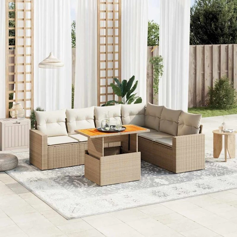 vidaXL 7-deles polyrattan sofasæt med hynder, beige