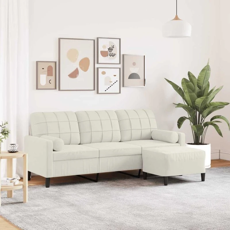 vidaXL 3-personers sofa med fodskammel 180 cm, cremefarvet