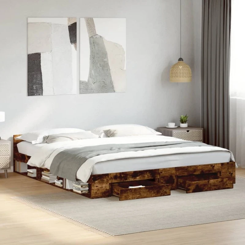vidaXL Sengeramme med skuffer 180x200 cm røget eg