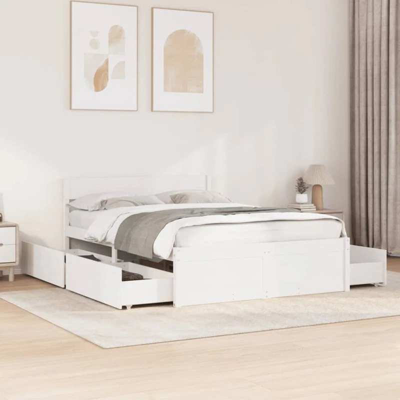 vidaXL sengeramme 135x190 cm hvid massivt fyrretræ med skuffer
