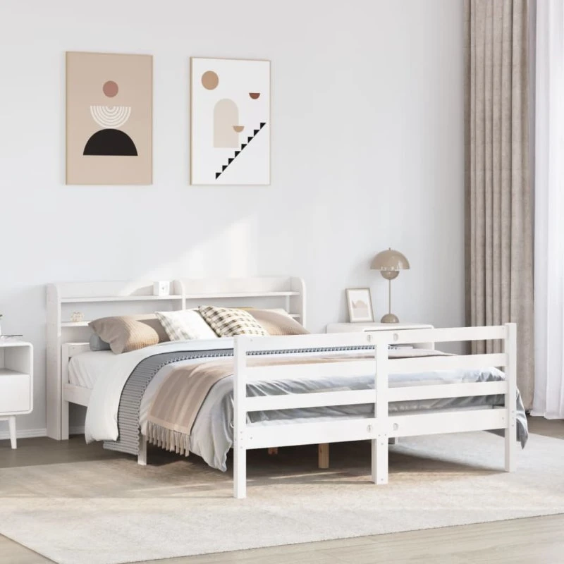vidaXL Sengeramme 150x200 cm med hovedgærde i massivt fyrretræ, hvid