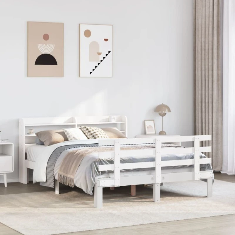 vidaXL Sengeramme 135x190 cm med sengegavl i massivt fyrretræ, hvid