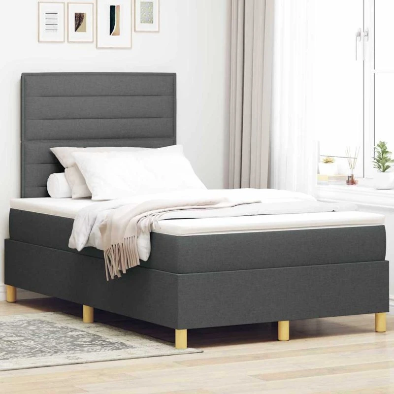 vidaXL Box Spring Seng med Hovedgærde Mørkegrå 120x200 cm Stof