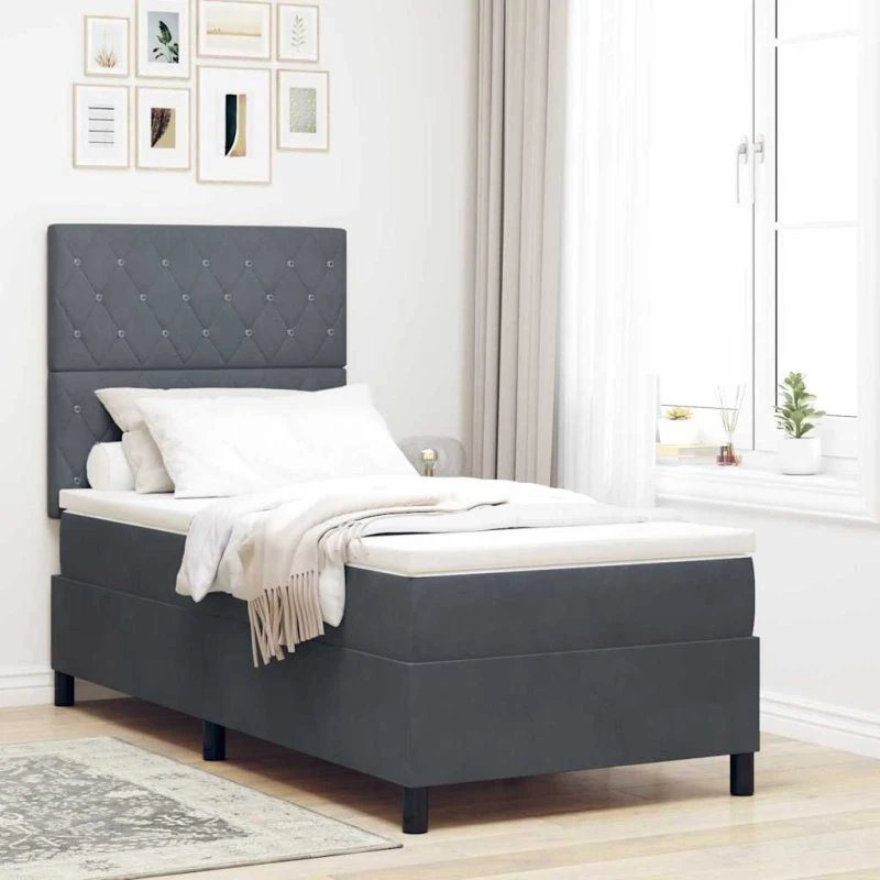 vidaXL Box Spring Seng med Madras Mørkegrå 90x200 cm Fløjl