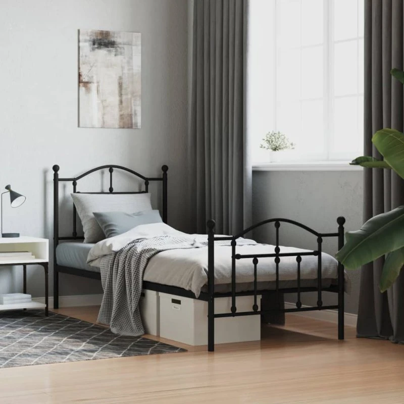 vidaXL Sengeramme 80x200 cm Metal Sort med Gavl og Fodgærde