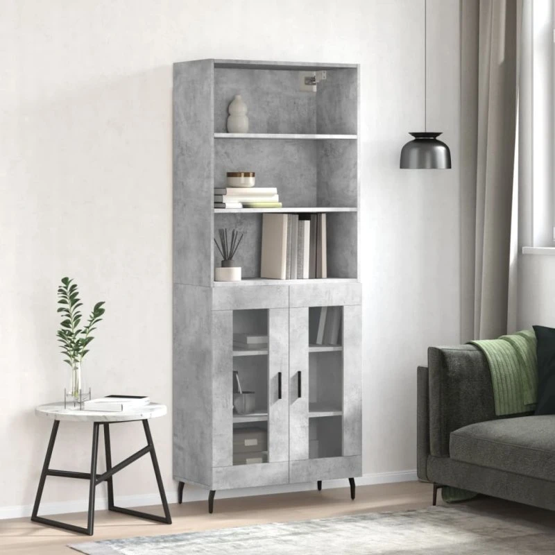vidaXL Højskab 69,5x34x180 cm Konstrueret Træ Betongrå, 2 Glaslåger