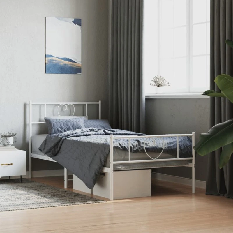 vidaXL Sengeramme 90x190 cm metal hvid med sengegavl og fodgærde
