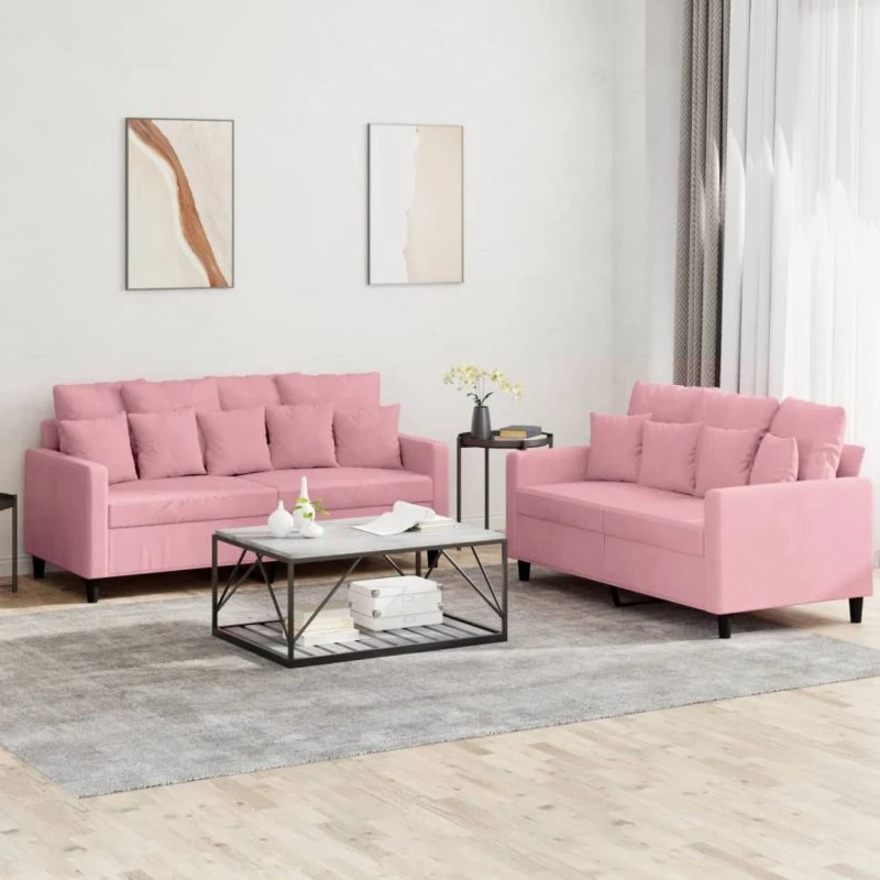 vidaXL 2-delet sofasæt med hynder i lyserød velour