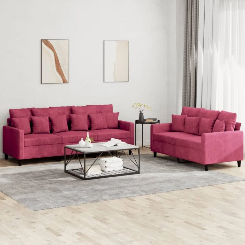 vidaXL 2-delet sofasæt med hynder i vinrød velour