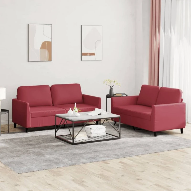 vidaXL 2-delet sofasæt med hynder i vinrød kunstlæder