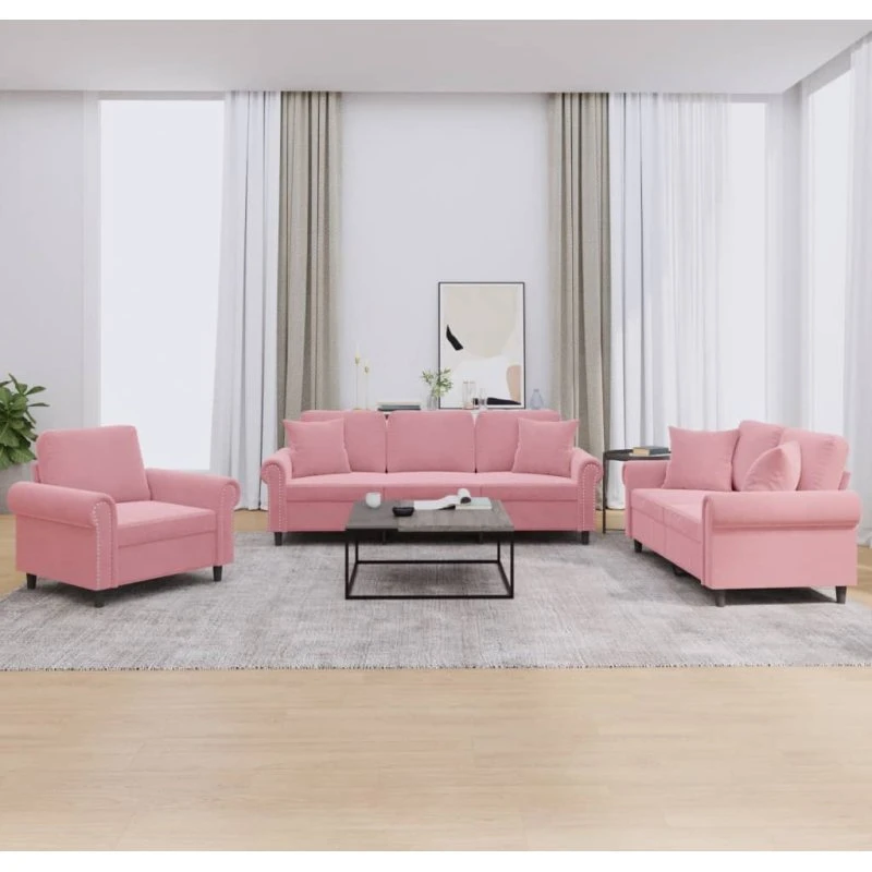 vidaXL 3-delet sofasæt lyserød velour med puder