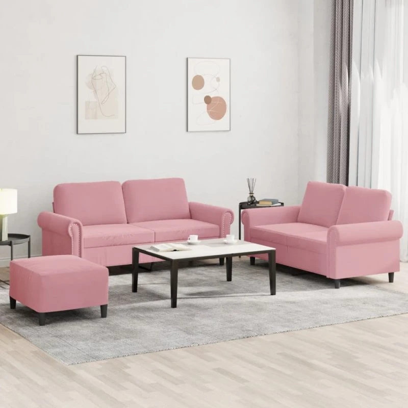 vidaXL 3-delssofa med hynder lyserød velour