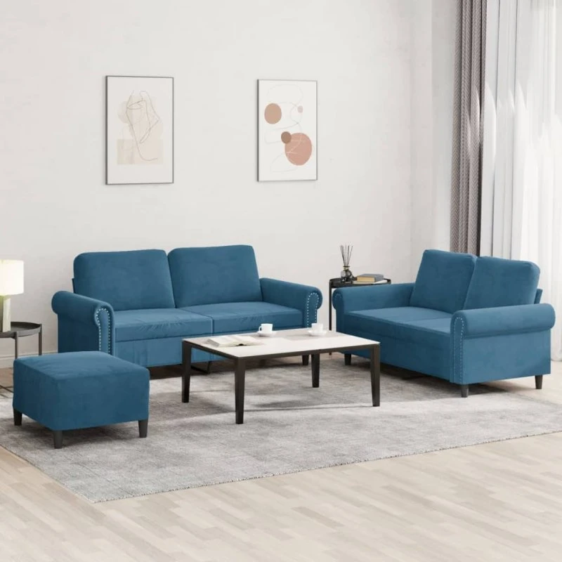 vidaXL 3-delet sofasæt med hynder i blå velour