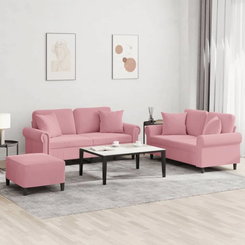 vidaXL 3-delet sofasæt lyserød velour med puder