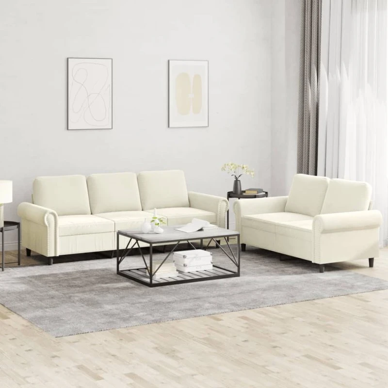 vidaXL 2-delet sofasæt med hynder, cremefarvet velour