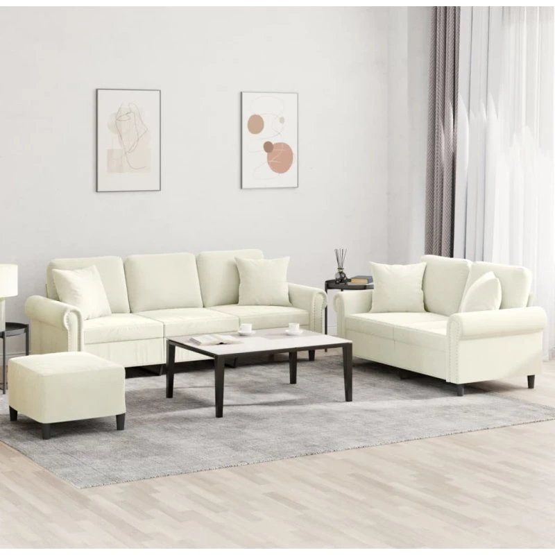 vidaXL 3-delssofa med puder, velour cremefarvet