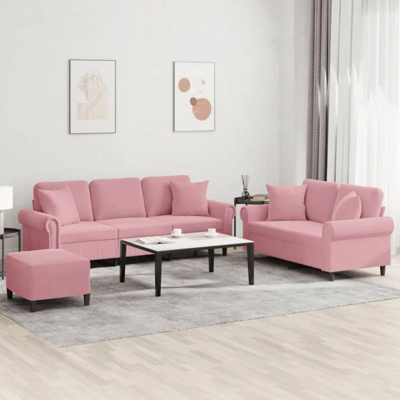 vidaXL 3-delet sofasæt lyserød velour med puder