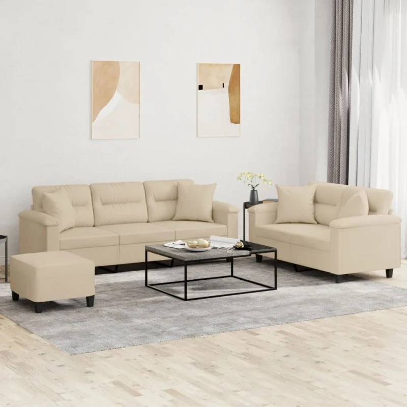 vidaXL 3-delers sofasæt creme mikrofiberstof med puder
