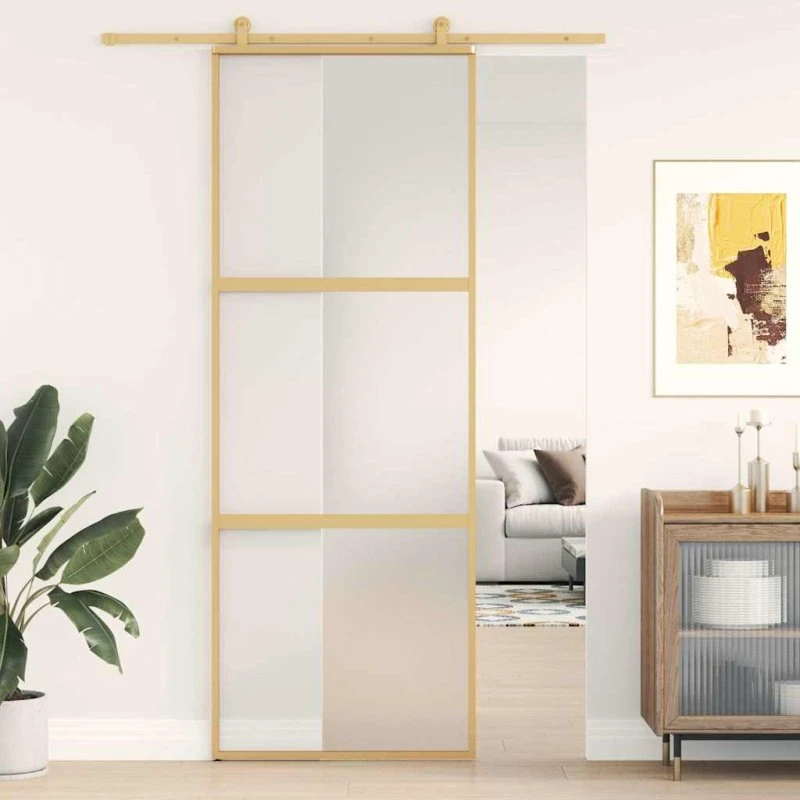 vidaXL Skydedør 76x205 cm gylden matteret sikkerhedsglas & aluminium