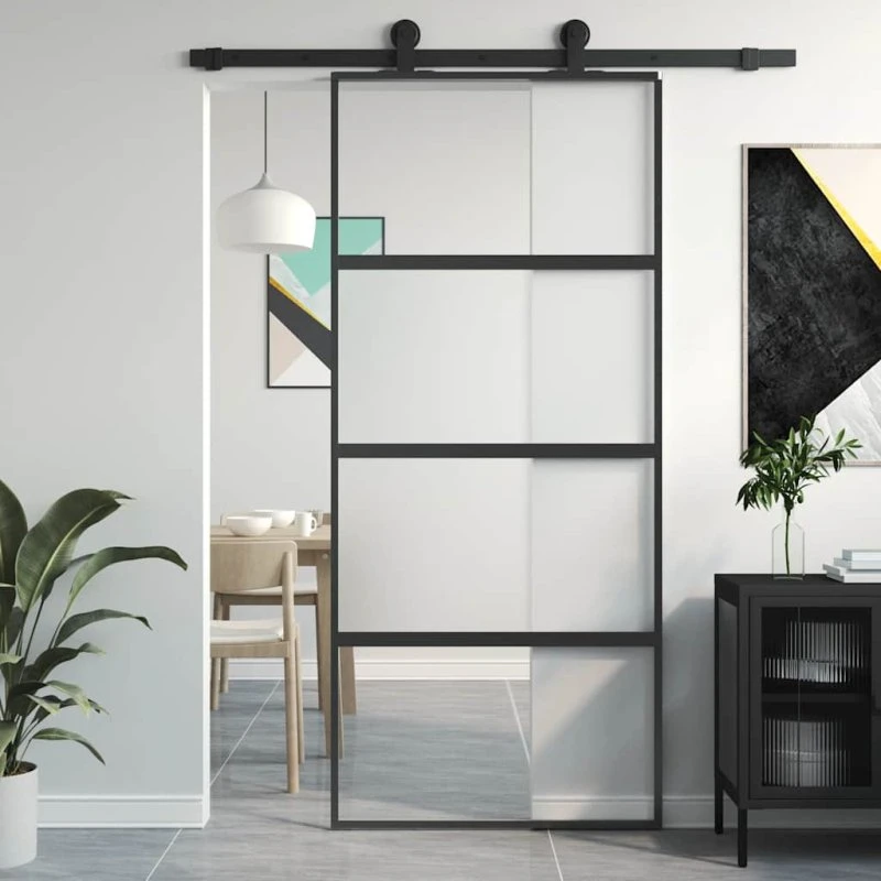 vidaXL skydedør 90x205 cm hærdet glas og aluminium sort