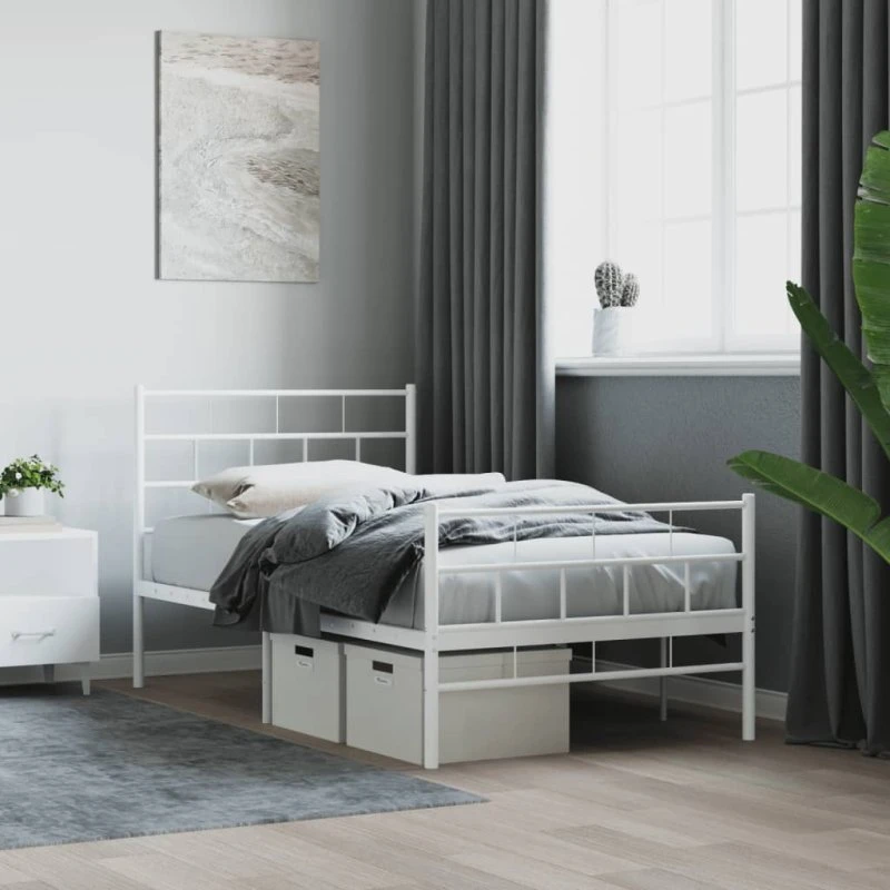 vidaXL Sengeramme 90x200 cm metal hvid med sengegavl og fodgærde