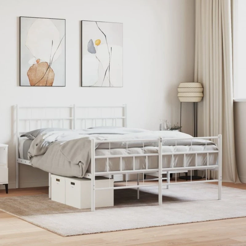 vidaXL Sengeramme 160x200 cm metal hvid med sengegavl og fodgærde