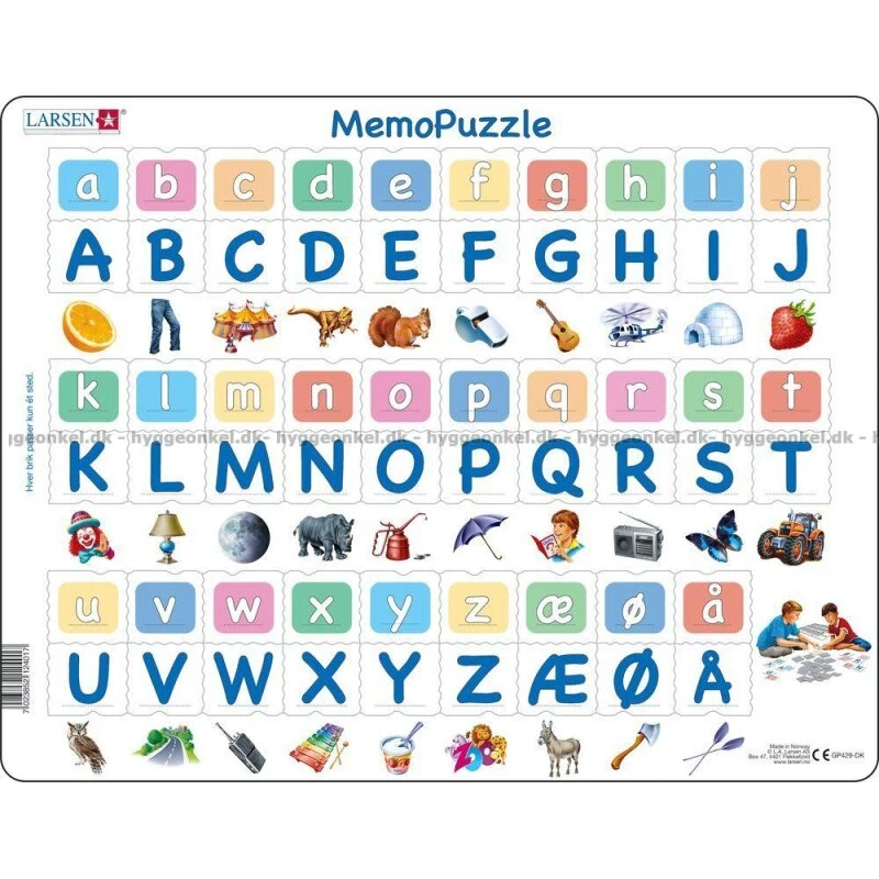 Memo Alfabet Puslespil, rammepuslespil 58 brikker (36x28 cm)