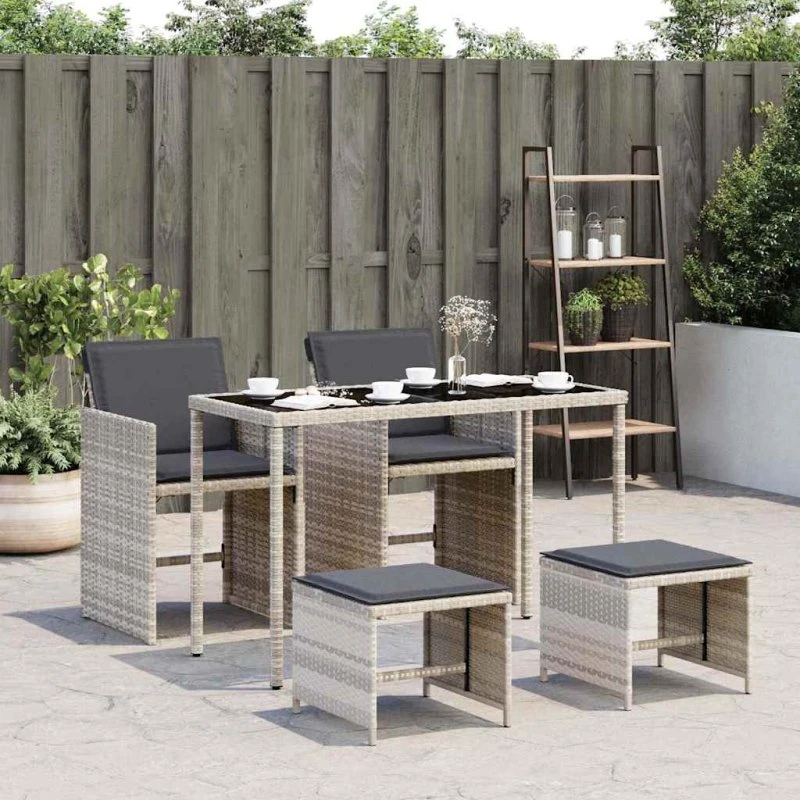 vidaXL 5-deligt spisebordssæt med hynder, polyrattan lysegrå