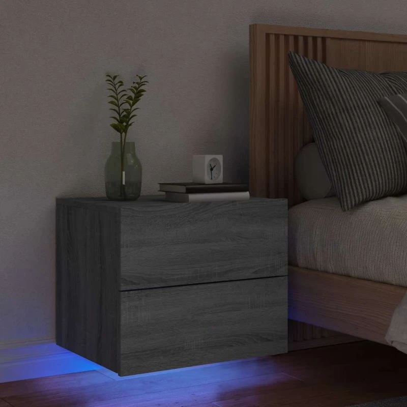 vidaXL Væghængt Sengebord med LED-lys Grå Sonoma-Eg