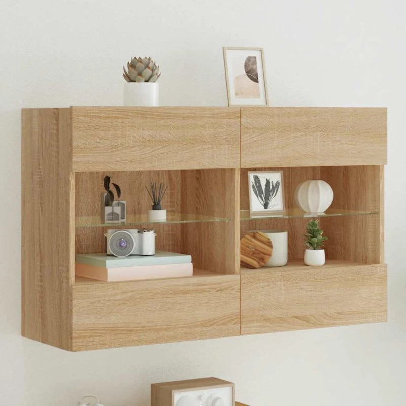 vidaXL Væghængt TV-bord 98,5x30x60,5 cm Sonoma-eg med LED-lys