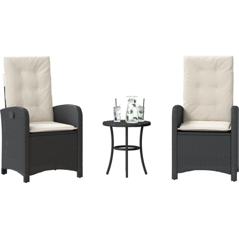 vidaXL Bistrosæt 3 dele med hynder polyrattan sort