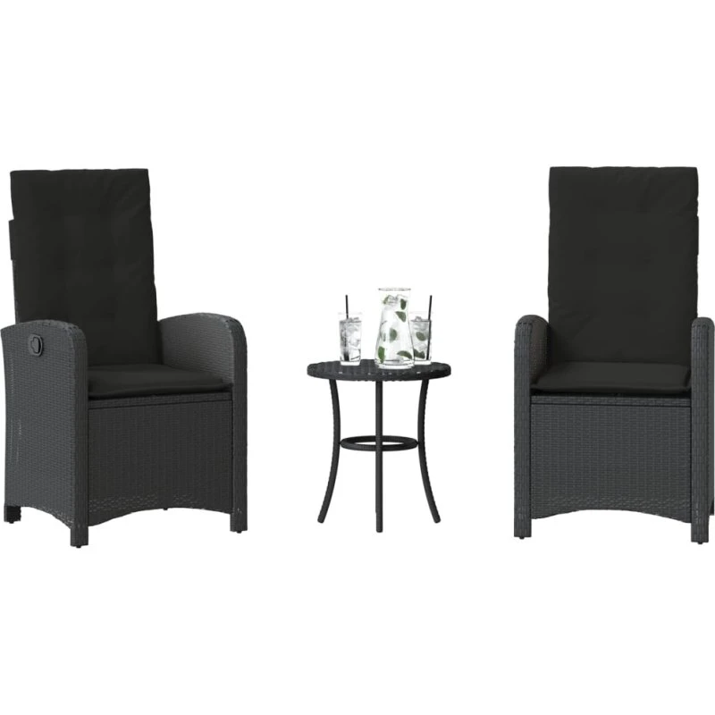 vidaXL Bistrosæt 3 dele med hynder, polyrattan sort