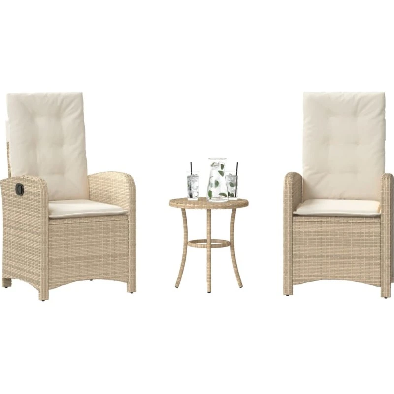 vidaXL Bistrosæt 3 dele med hynder polyrattan beige