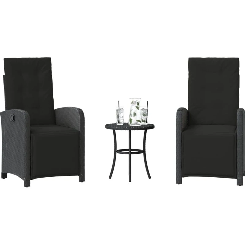 vidaXL Bistrosæt 3 dele med hynder, polyrattan sort