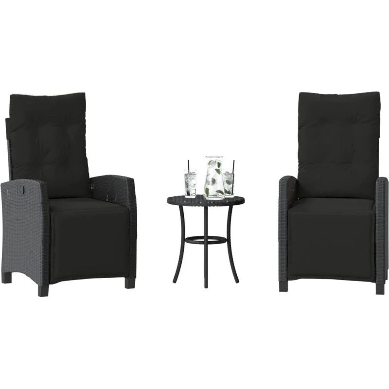 vidaXL Bistrosæt 3 dele med hynder polyrattan sort