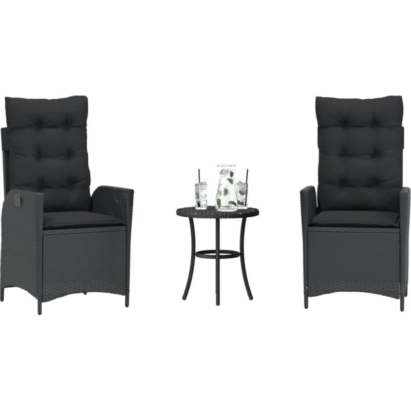 vidaXL Bistrosæt 3 dele med hynder, polyrattan sort