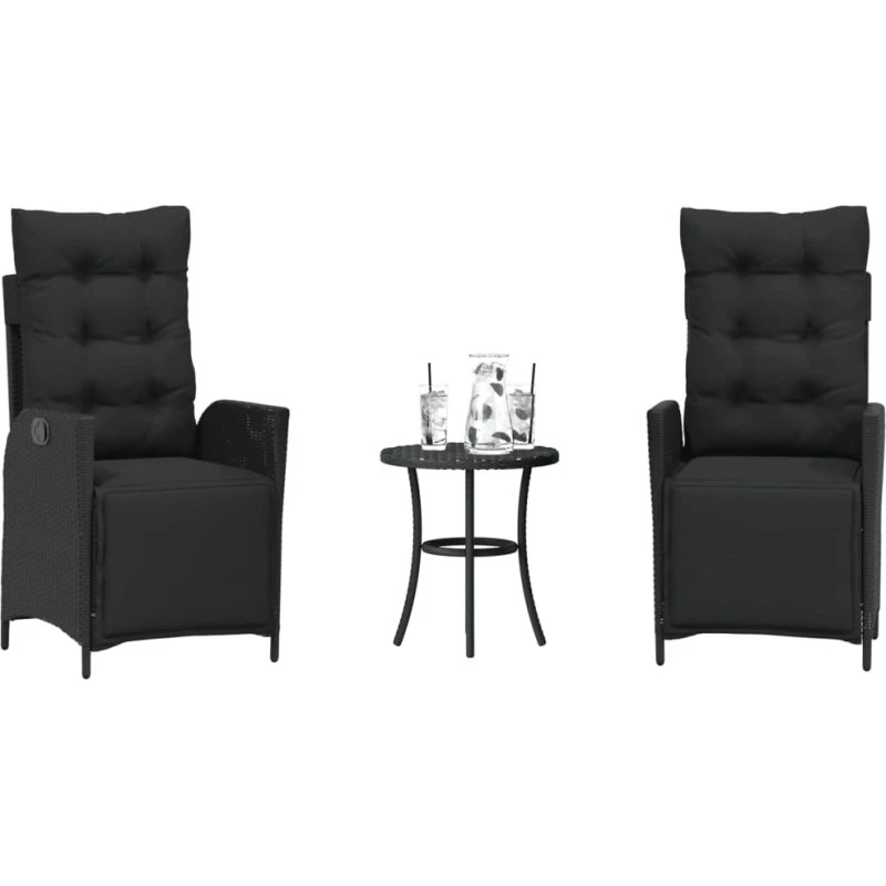 vidaXL Bistrosæt 3 dele med hynder, polyrattan sort