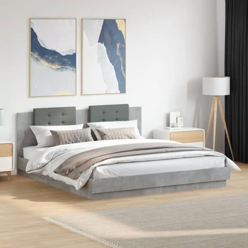 vidaXL Sengeramme 200x200 cm betongrå med LED-lys og sengegavl