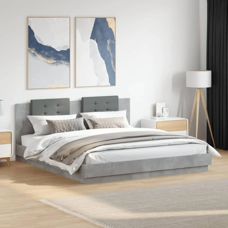 vidaXL Sengeramme 160x200 cm med LED-lys og sengegavl, betongrå