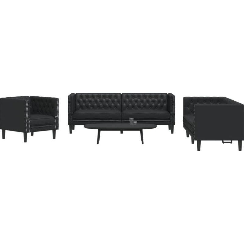 vidaXL 3-personers Chesterfield-sofasæt kunstlæder sort