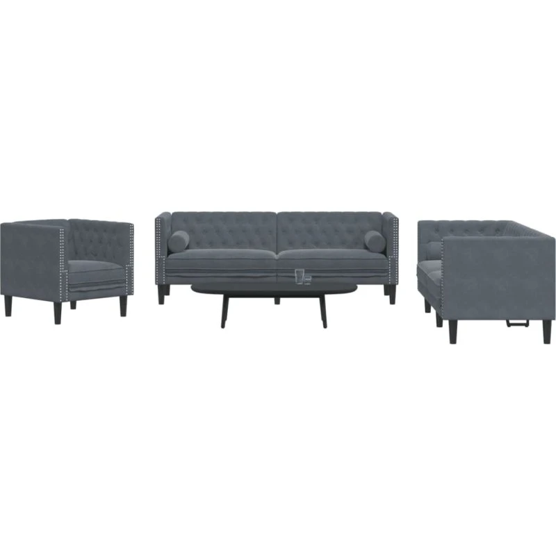 vidaXL 3-personers Chesterfield-sofasæt mørkegrå fløjl med puder