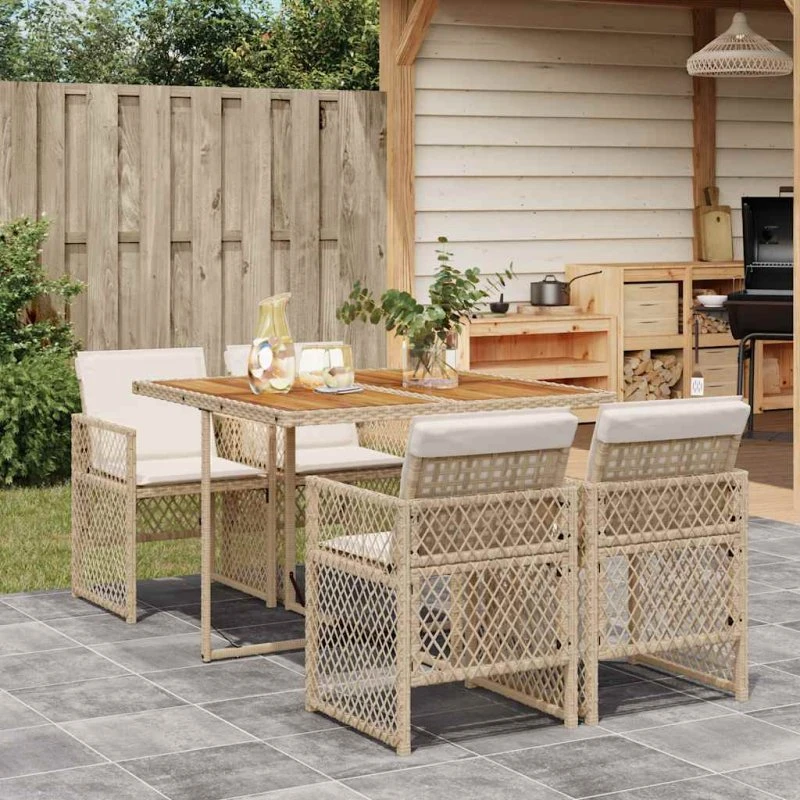 vidaXL 5-deligt spisebordssæt med polyrattan og akacietræs bordplade, beige