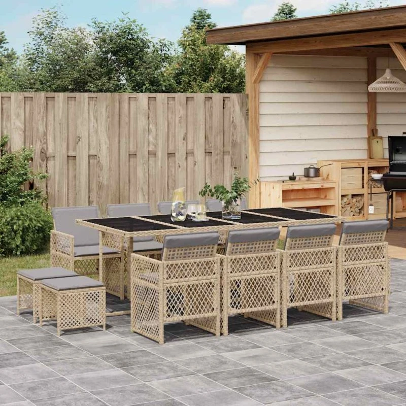 vidaXL 13-dels spisebordssæt med hynder i polyrattan beige med glasbord
