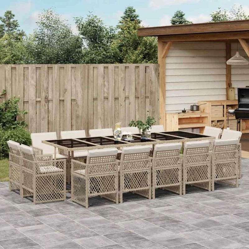 vidaXL 15-deligt spisebordssæt med hynder, polyrattan beige