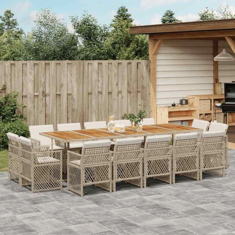 vidaXL 15-deligt spisebordssæt med hynder, polyrattan beige