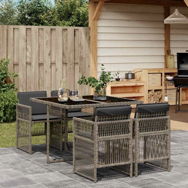 vidaXL 5-deles spisebordssæt med hynder i polyrattan grå