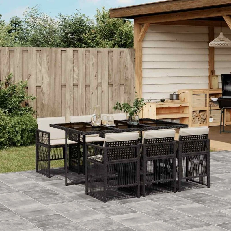 vidaXL 7-deles spisebordssæt med hynder i polyrattan, sort
