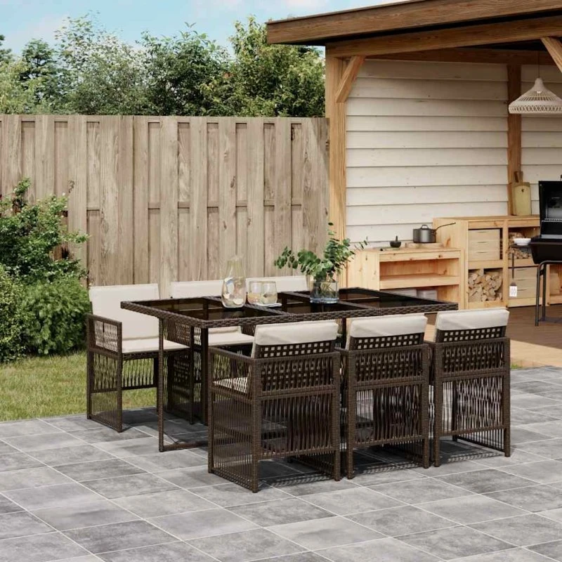 vidaXL 7-deles spisebordssæt med hynder i polyrattan brun