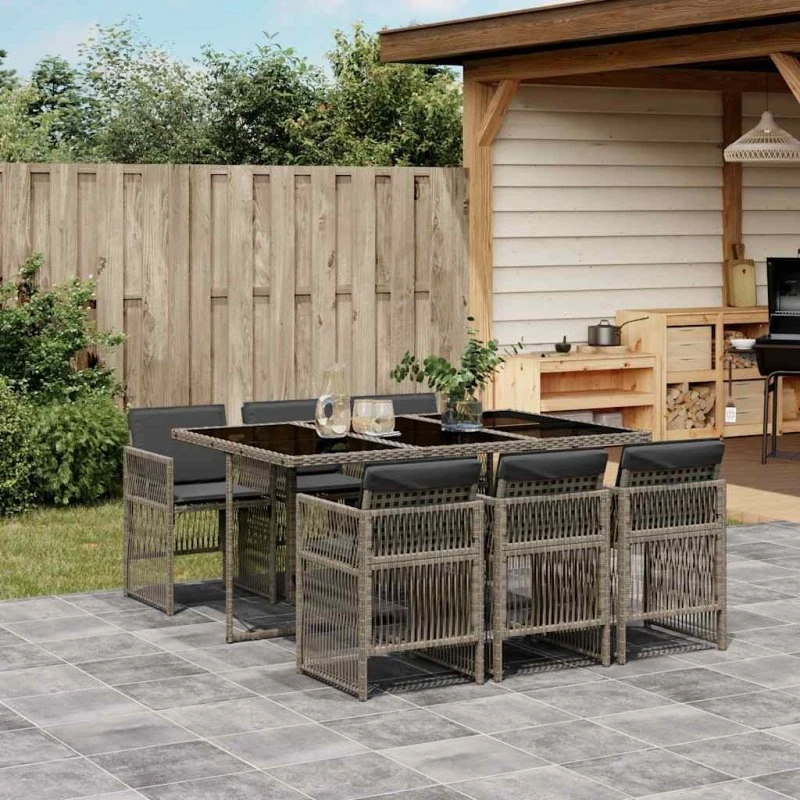 vidaXL 7-deles spisebordssæt med hynder i polyrattan grå